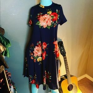 NWOT Flamingo Urban Navy Midi Floral rose ULTRA soft SKATER dress floral SOFT!